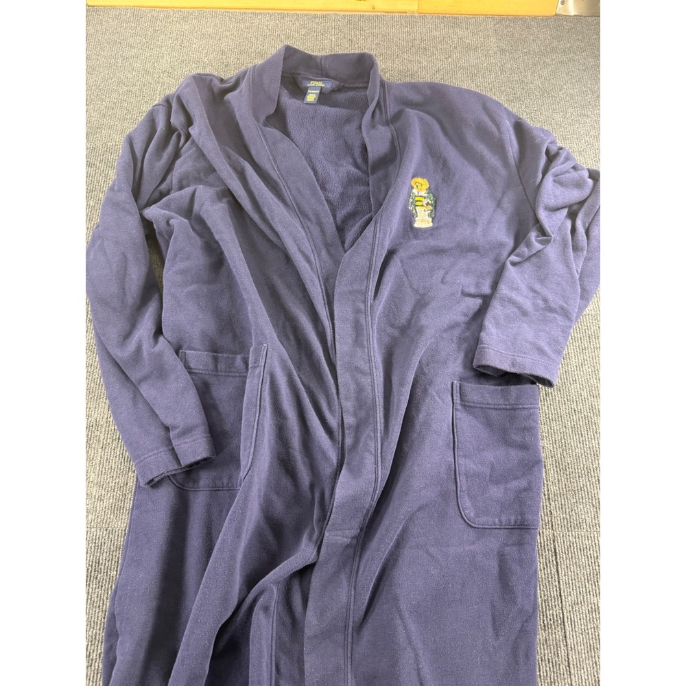 Polo Ralph Lauren Mens Navy Blue Fleece Polo Bear Robe L XL Loungewear no belt